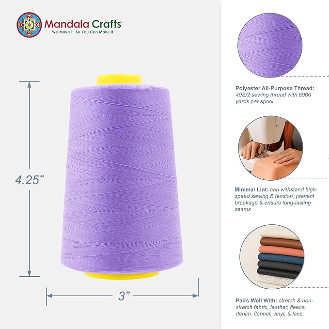 Mandala Crafts 4 Pack of Serger Threads Cones Spools - 40S/2 24000 Yards Polyester Lilac Threads for Sergers Machine and Overlock Quilting Sewing Machine