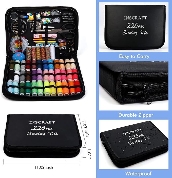 Large Sewing KIT, 226 PCS Premium Sewing Supplies with 43 XL Thread Spools, Leather Case, Scissors, Thread, Needles and Accessories, Sewing Set for Adults, Emergency, and Home by Inscraft