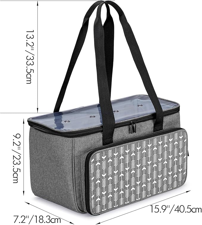 Yarwo Knitting Yarn Bag, Crochet Tote with Pocket for WIP projects, Knitting Needles(Up to 14”) and Skeins of Yarn, Gray with Arrow (Bag Only)