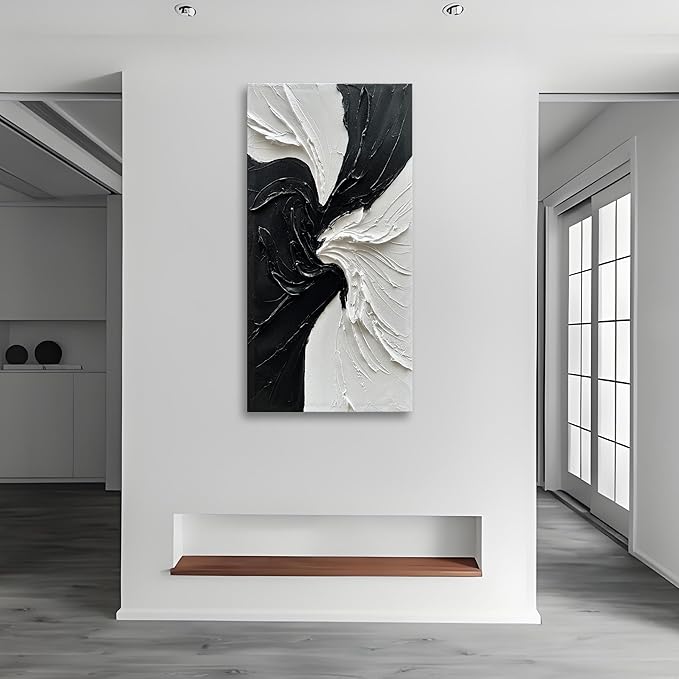 Art Hand-Painted White and Black Texture Abstract Art Oil Painting Modern Minimalist Art Painter Living Office Corridor Wall Art Deco 48x24 inches