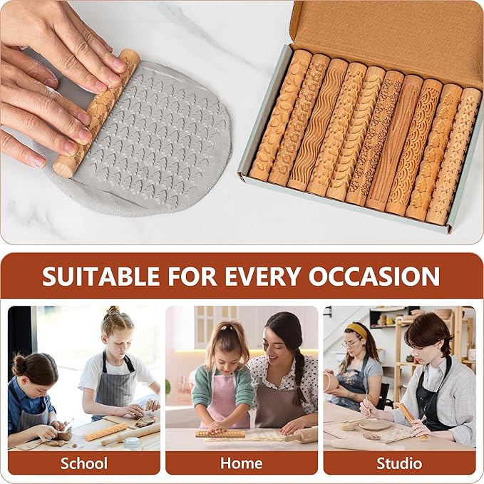 10pcs Wooden Clay Texture Rollers Set for Pottery & Ceramics - Potters Stamp Roller Tools for Ceramic Slabs - Textured Rolling Pins for Modeling, Painting & Glaze Design - 5.9 x 0.8 inch