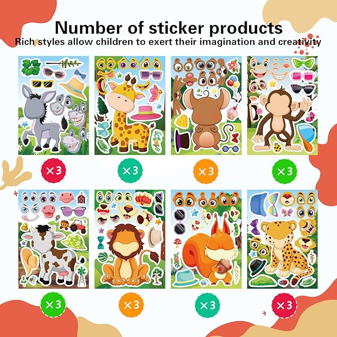 24 Sheets Animal Stickers for Kids Toddler, Jungle Animal Stickers Make-a-face Sticker Sheets Make Your Own Mix and Match Sticker for School Classroom Techer Reward Birthday Gift
