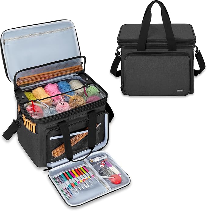Teamoy Knitting Bag With Divider and Cover, Portable Yarn Storage Organizer for Crochet Accessories and Knitting Needles,Ideal for Knitting Enthusiasts, Black