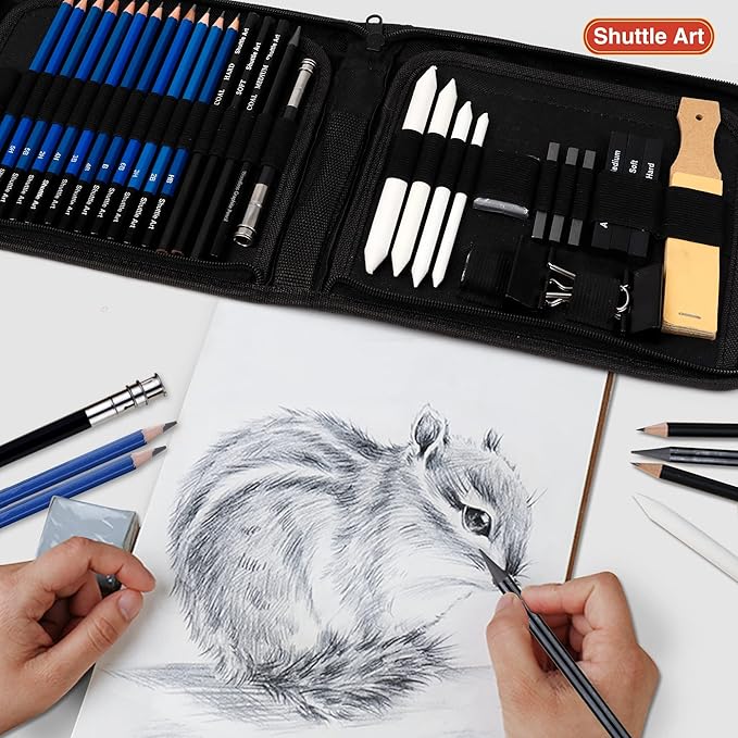 Shuttle Art Sketching and Drawing Pencils Set, 37-Piece Professional Sketch Pencils Set in Zipper Carry Case, Drawing Kit Art Supplies with Graphite Charcoal Sticks Tool Sketch book for Adults Kids