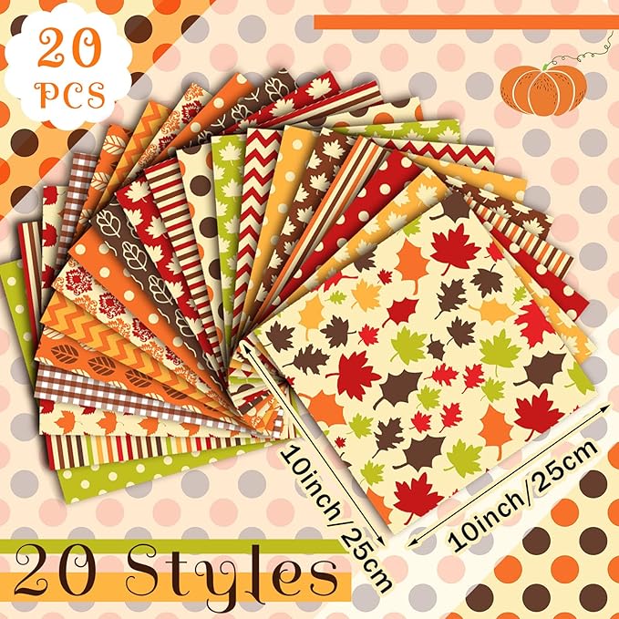 HunnmingRe 20 Pcs 10''x10'' Fall Quilting Fabric Square Thanksgiving Maple Leaf Stripes Dots Quiltted Fabric Bundle Multicolor Precuts Printed Patchwork Supplies for Autumn Harvest DIY Sewing Craft