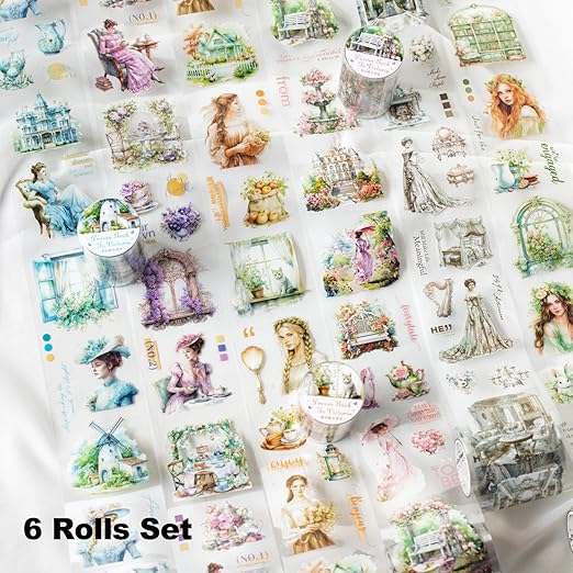 Victorian PET Tape Set, 6 Rolls Pre-Cut Ephemera for Junk Journaling, Scrapbooking, Crafting, DIY Projects, Diaries, and Art Supplies