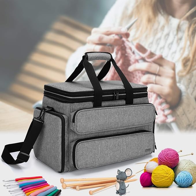 Yarwo Knitting Yarn Bag, Portable Crochet Storage Tote with Double Top Cover and Yarn Holes for Knitting Needles(Up to 14”), Unfinished Projects and Skeins of Yarn, Gray