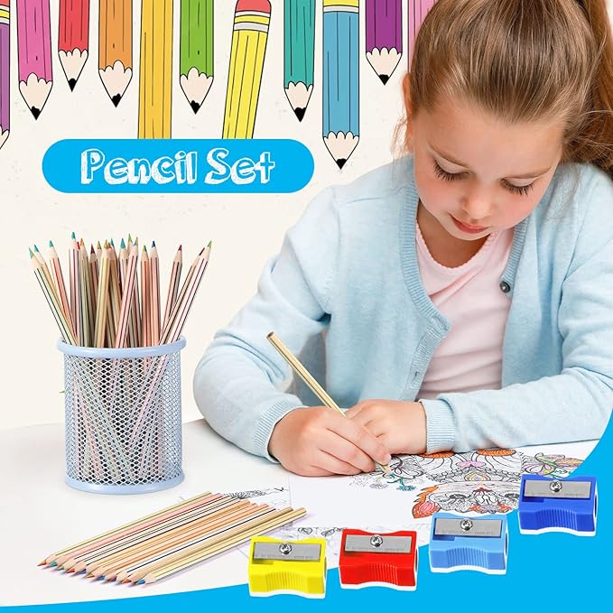 CHENGU 48 Pcs Rainbow Colored Pencils Bulk 7 Color in 1 Wooden Rainbow Pencil with 4 Pieces Sharpener for Kids Adults Art Drawing(Straight and Curved Line)