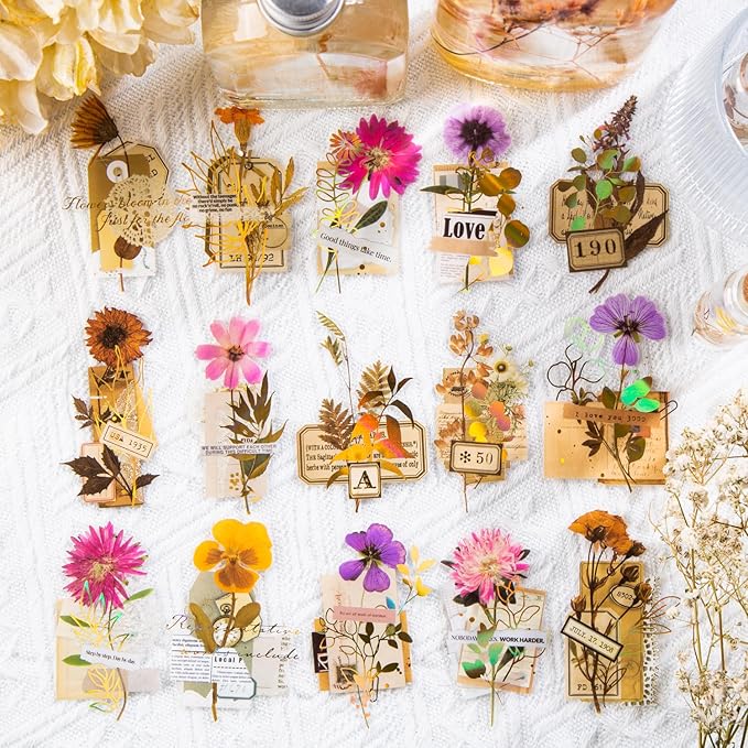 Yoksas 180Pcs Gold Foil Dried Flower Stickers - Clear Glitter Pressed Flowers Botanical Stickers for Scrapbooking,Junk Journals,Planner,Resin Art Supplies