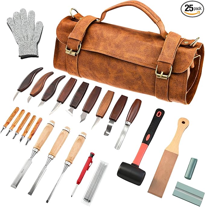 Deluxe Wood Carving Kit, 25 Piece Wood Carving Tools with Thick Leather Storage Bag,Wood Whittling Tools -Ideal Woodworking Tools and Hobbies for Beginners Enthusiasts Kids Gift DIY