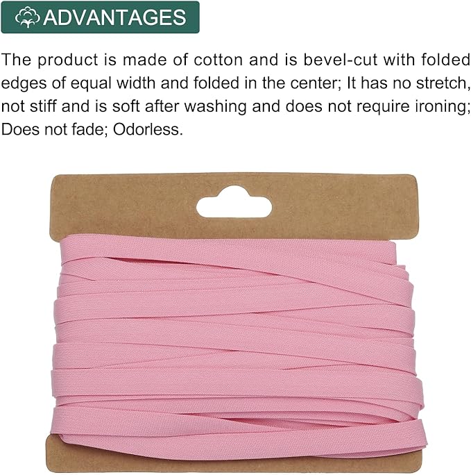 MECCANIXITY 1/4 Inch Double Fold Bias Tape Cotton Continuous Bulk Bias Tape for Sewing,Seaming Quilting Hemming Binding Crafts (Pink 12 Yards)