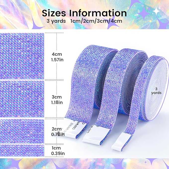 Novani Self Adhesive Rhinestone Ribbon, 1.57 Inch Wide 3 Yards 1 Roll, Deep Purple AB Crystal Diamond Bling Strips for DIY Crafts, Home Decor, Clothing,Shoes, Car Decoration