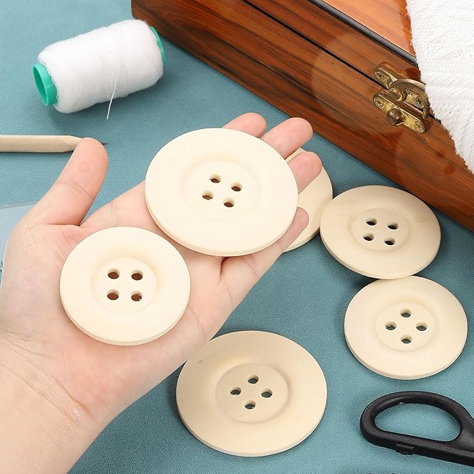 uxcell 30Pcs Large Wooden Buttons, 50mm(2") 4 Hole Round Wood Sewing Button Craft for Sewing DIY Craft Clothing, Natural Wood