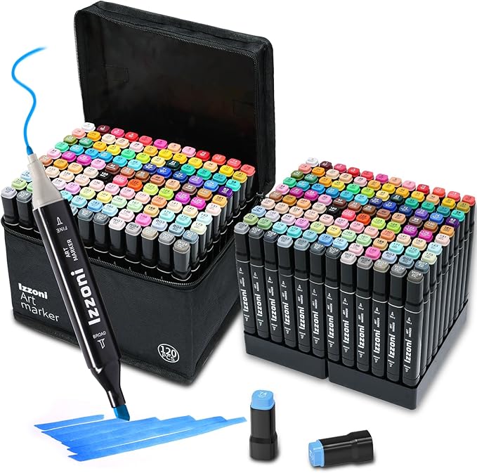 120 Colors Alcohol Markers Set, Dual Tip (Fine & Chisel) Coloring Markers, Permanent Art Drawing Marker for Kids Sketching Adult Coloring with Case and Holders (120 Colors - Black)