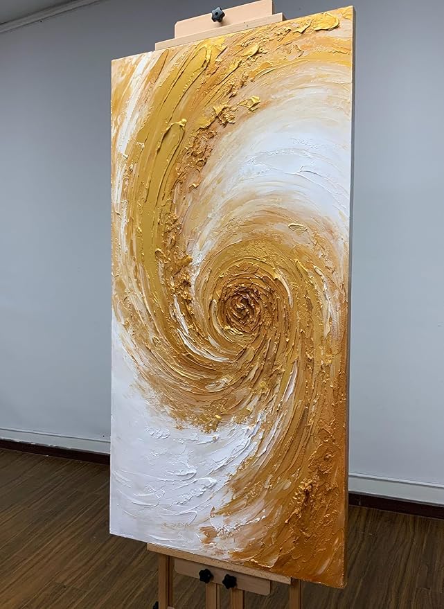V-inspire Art,Abstract Hand drawn Oil Painting on Canvas, 24x48 Inches, Golden Tones, Acrylic Framed Living room Bedroom Wall Art