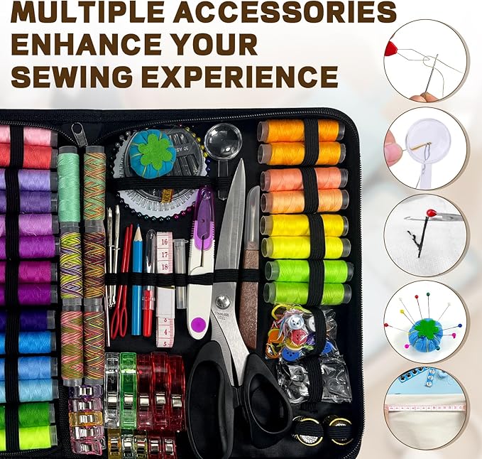 Pmbqifay 305Pcs Sewing Kit for Adults, 56Color Thread Spools, Portable Needle and Thread Kit for Sewing, with Scissors and Accessories for Adults, Kids, Beginner, Home, Travel, Emergency Sewing Kits