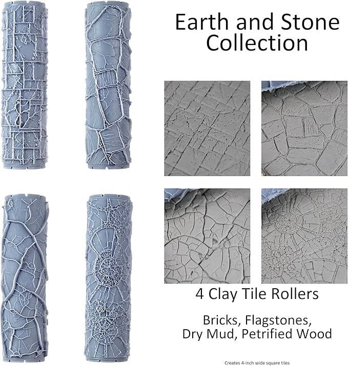 Earth & Stone 4-Pack Clay Texture Rollers (4") - Seamless Set #02 - Embossing Pattern Rollers for Polymer & Ceramic Clay, Pottery & Crafts