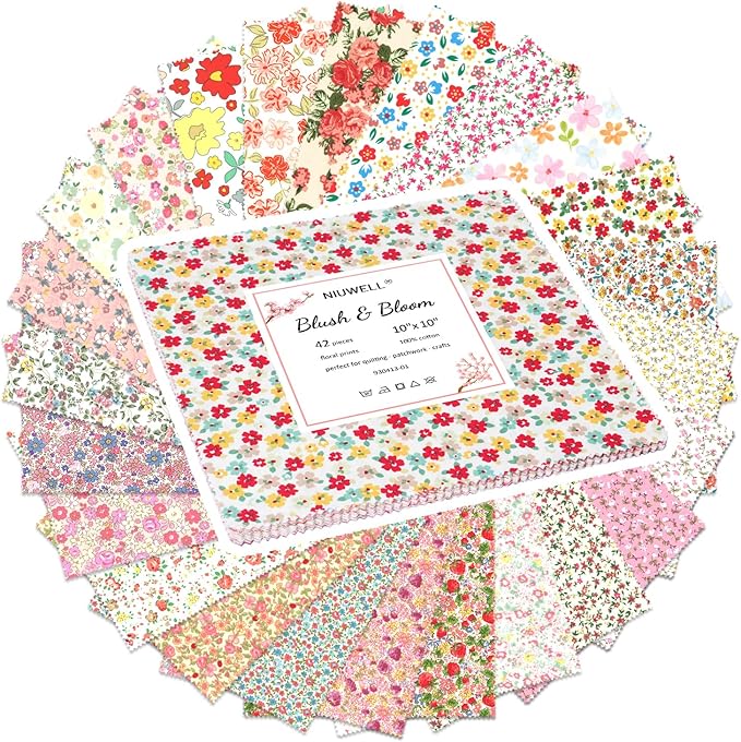 42 Pieces 10″ Pre-Cut Floral Prints Cotton Fabric Squares
