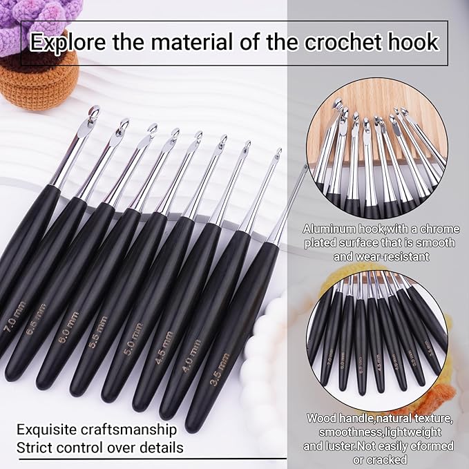 Hobekoee Inline Crochet Hooks Set 9 Sizes 3.5mm(E)-8mm(L) Wooden Handle Crochet Hooks Set with Case,Ergonomic Grip for Arthritic Hands