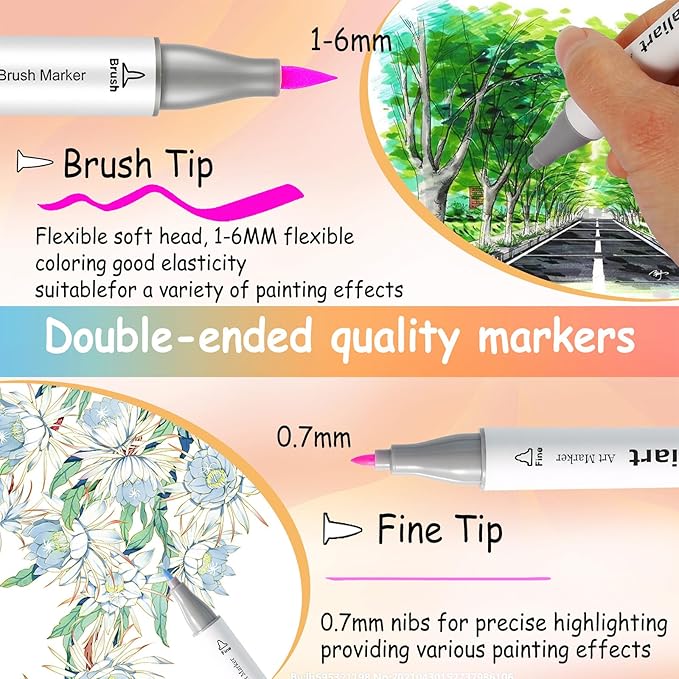 Caliart 180 Colors Alcohol Markers Brush Tip, Dual Tip Artists Coloring Markers Set Brush & Fine, Permanent Alcohol Based Colored Sketch Pens, Art Supplies Gifts for Adults Illustration Drawing