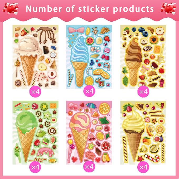 24 Sheets Ice Cream Stickers, Make-a-face Stickers for Kids Toddlers, Make Your Own Mix and Match Stickers, DIY Summer Ice Cream Stickers for Birthday Party Games Teacher Reaward
