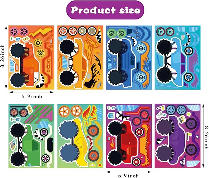 24 Sheets Monster Truck Sticker, Monster Truck Party Favor, Make Your Own Stickers Cartoon Car Make-a-face Stickers Classroom Activities Birthday Gift for Girls Boys