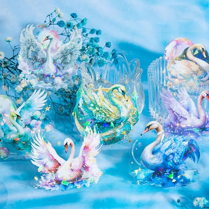 Yoksas Holographic Shiny Fantasy Starry Swan Stickers - 60Pcs Waterproof Clear Glitter Aesthetic Scrapbook Stickers for Junk Journals,Planner,Resin Art Supplies