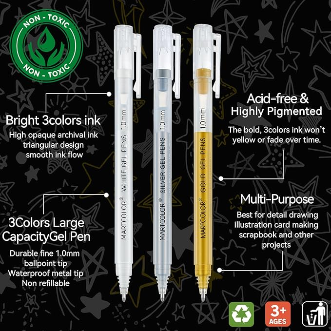 Gold Silver White Gel Pens, 1.0 Fine Point Opaque Archival Ink Pen for Black Paper Drawing, Art Highlight, Illustration, Bullet Journaling, Card Making & DIY Projects, 3 Pack