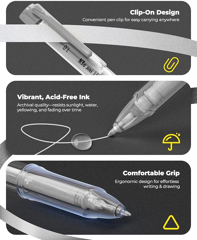 JusArt Silver Pens with 0.4mm, 0.5mm & 1.0mm Assorted Tips, Opaque Ink Gel Pens for Black Paper, Drawing, Journaling & DIY Crafts, Ideal Drawing Pens for Artists & Art Supplies, 3 Pack