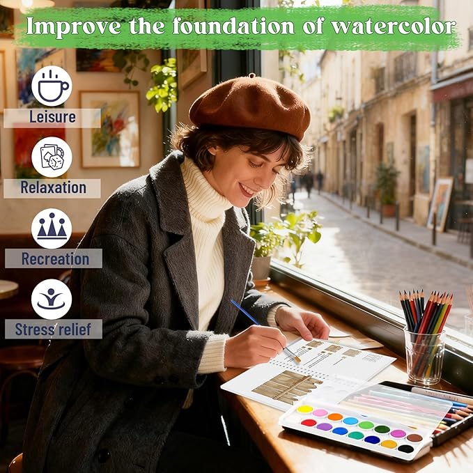 Beginners Watercolor Workbook for Adults -Step-by-Step Coloring Book Set-12 coloring book pages - Includes 16 color blocks and a brush - Professional Watercolor Paper: 300gsm/140lb (Garden)