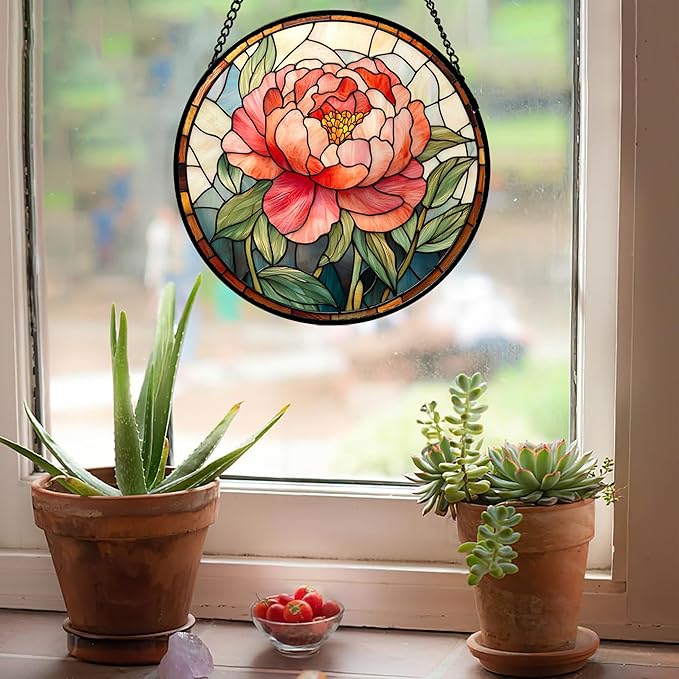 Stained Glass Window Hanging - Pink Peony Floral Suncatcher for Door Garden Yard Birth Flower Sun Catchers Decor Christmas Mother's Day Birthday Gifts for Women Mom Nana Wife Teacher 7.8 in
