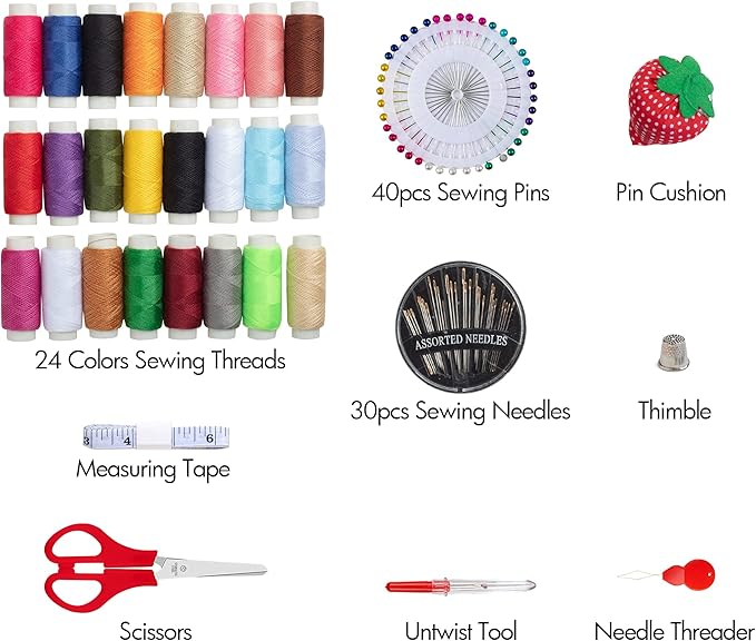 LoDrid Sewing Kit, Portable Flannel Bag with Complete Sewing Supplies for Travel & Home, Sewing Repair Kit Tools for Adults & Beginners, 24 Color Threads, 30 Needles & Sewing Accessories, Black