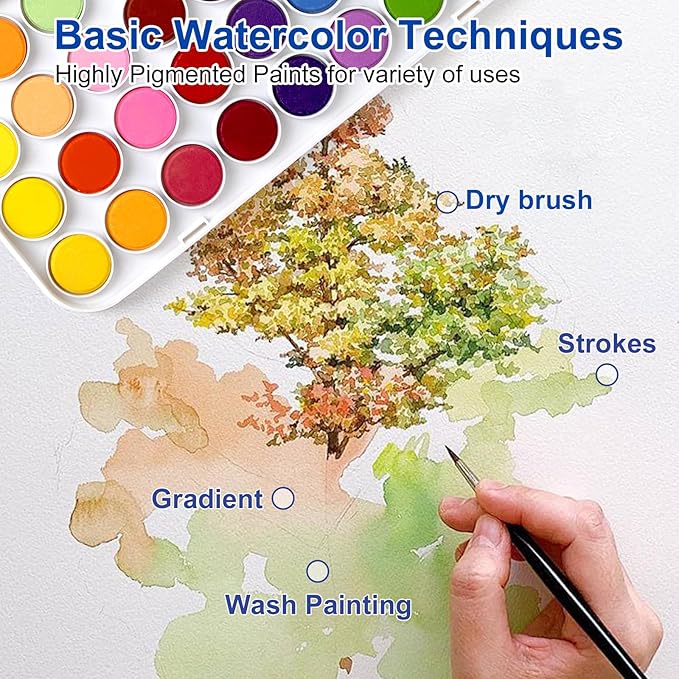 GOTIDEAL Watercolor Paint Set,36 Colors Washable Water Color Paints with Brush,Non Toxic Watercolor Cake Set for Artist, Students,Beginners,Travel Portable Palette