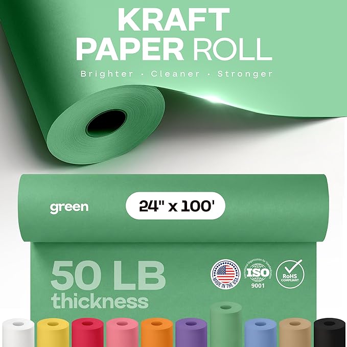 24" x 1200" (100 ft) Green Kraft Paper Roll - USA-Made Quality Craft Paper for Gift Wrapping, Kids' Arts & Crafts, School Projects - Natural Material 50lb Thickness by IDL Packaging