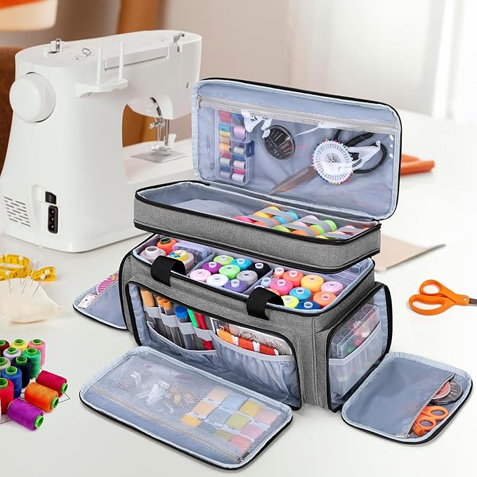 LUXJA Large 2 Layers Sewing Organizer Bag with 5 Detachable Dividers, Sewing Storage Bag for Sewing Supplies (Bag Only), Gray