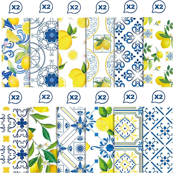24 Sheets Lemon Scrapbook Paper Pad Double-Sided Blue Tiles Yellow Lemon Patterned Decorative Craft Paper for Card Making Photo Album Journal DIY Craft, 11.8'' x 11.8''