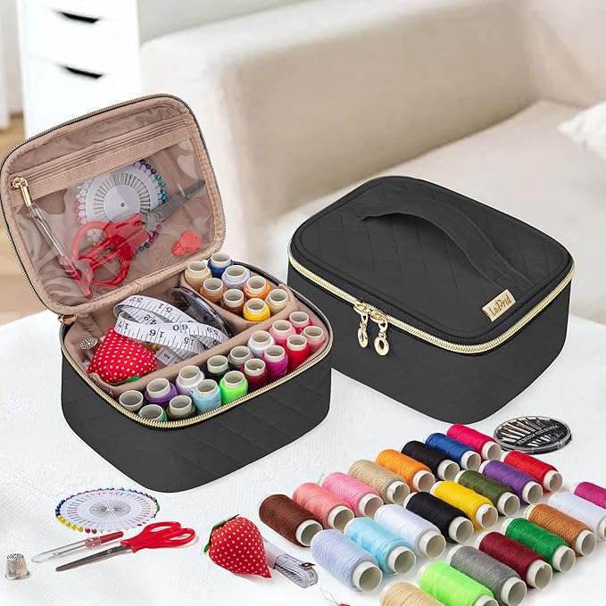 LoDrid Sewing Kit, Portable Flannel Bag with Complete Sewing Supplies for Travel & Home, Sewing Repair Kit Tools for Adults & Beginners, 24 Color Threads, 30 Needles & Sewing Accessories, Black