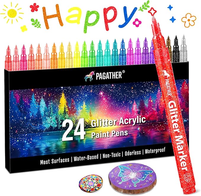 24 Colors Glitter Markers, 0.7mm Extra Fine Tip Sparkling Acrylic Paint Pens for Crafts, Adult Coloring, and DIY Projects on Paper, Rock, Wood, Glass and Fabric