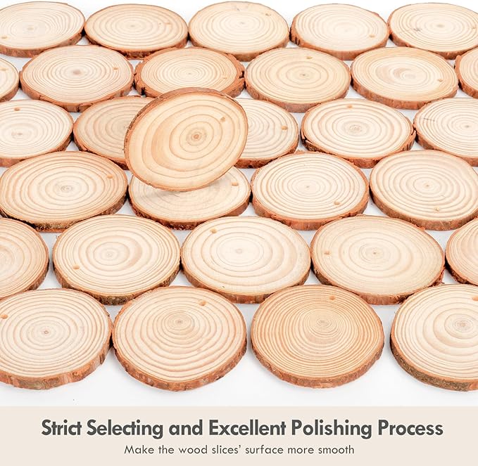 54Pcs Wood Slices, LOOFORE 2.4"-2.8" Unfinished Natural Wood Rounds with Pre-drilled Hole, for Burning Painting DIY Crafts Christmas Ornaments Party Wedding Decor