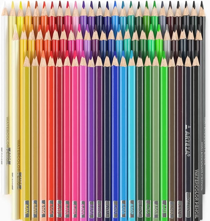 ARTEZA 72 Watercolor Pencils, Water Color Pencils in Assorted Shades, Triangular Shape Drawing Pencils