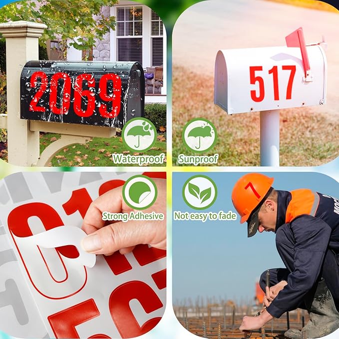 6 Sheets 4 Inch Mailbox Numbers Stickers Vinyl Decals,Self Adhesive Number Waterproof Large House Address Numbers for Outside Mailbox,Signs,Window,DIY Crafts Making,Door,Car,Home,Business(Red)