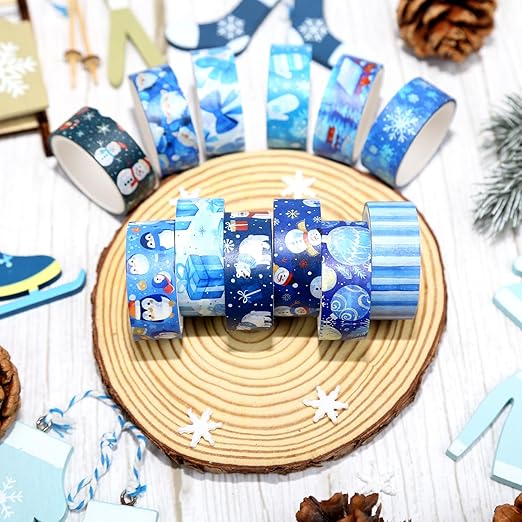 Winter Washi Tape Set,12 Rolls Blue Snowman Holiday Decorative Tape Xmas Ball Gnome Penguin Gift Masking Tape for Journaling Supplies, Journal, Scrapbooking, DIY Arts & Crafts, Gift Wrapping