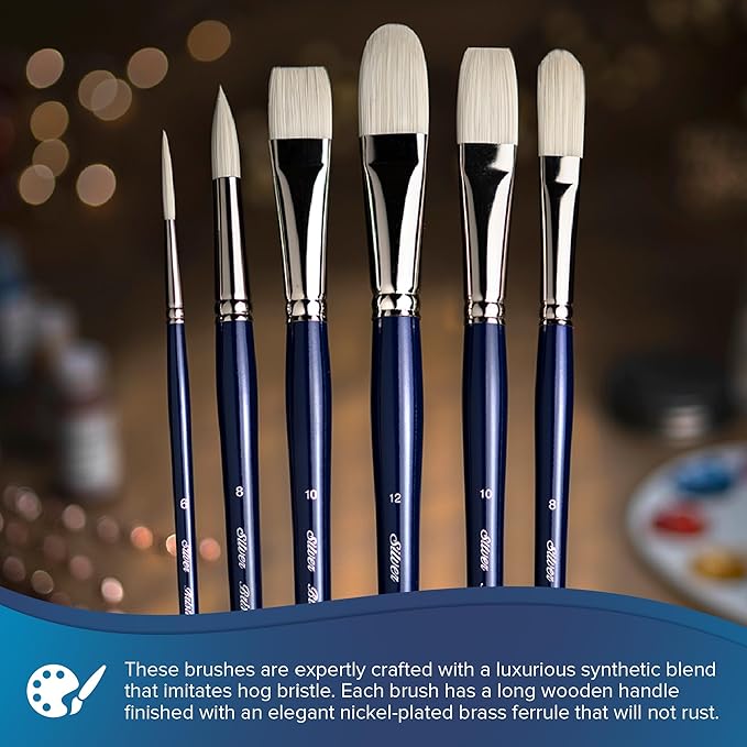 Silver Brush Limited BR-1953 Bristlon Long Handle Filbert & Long Filbert Brushes with Stiff White Synthetic Tips, 5pc Professional Painting Set for Acrylic, Oils, Gouache, Watercolor, and All Media
