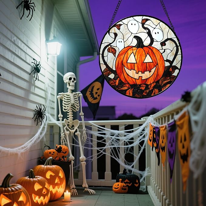 Stained Glass Window Hanging - Halloween Decorations Pumpkin Ghost Suncatcher for Doors Garden Indoor Spooky Funny Orange Sun Catchers Gothic Decor Horror Gifts for Women Men Friend 6.3 in