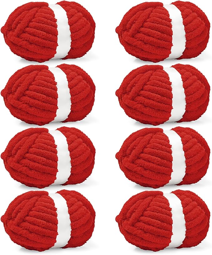 Inhand 8 Pack Chunky Chenille Yarn for Crocheting–30.6 Yards, 7.7oz, Soft Fluffy Thick Yarn, Gifts for Women/Grandma Birthday Christmas Unique, Hand Knitting for Blankets & DIY Crafts (Red)