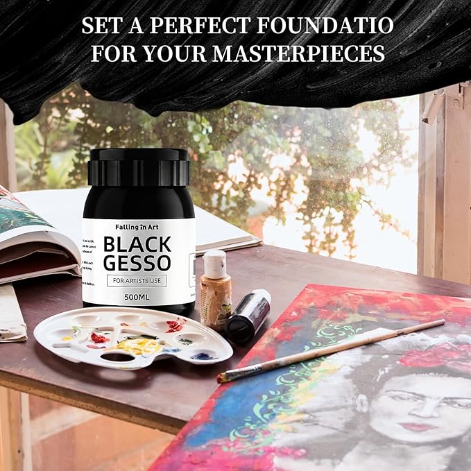 Falling in Art Black Gesso Primer for Acrylic Painting, 16.9Oz Non-Toxic Canvas Primer Gesso Surface Prep Medium