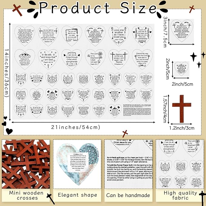 Pocket Prayer Quilt Panel Squares with Small Wooden Crosses Mini Scripture Pocket Prayer Quilt for Friend Family Religious Spiritual Gift Easter Reward Gift(Heart2,Brown)