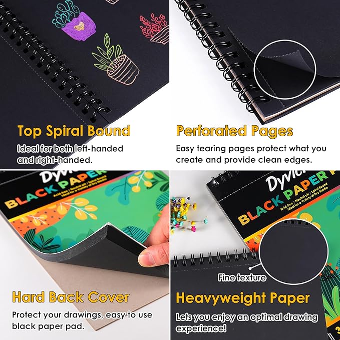 Dyvicl Black Paper Sketchbook 5.5"x8.5", 90 lb/150 GSM, 35 Sheets, Spiral Black Sketch Pad Drawing Paper for Pencil, Pastel, White Ink Gel Pen, Charcoal, Chalk, Metallic Marker, Paint Pen