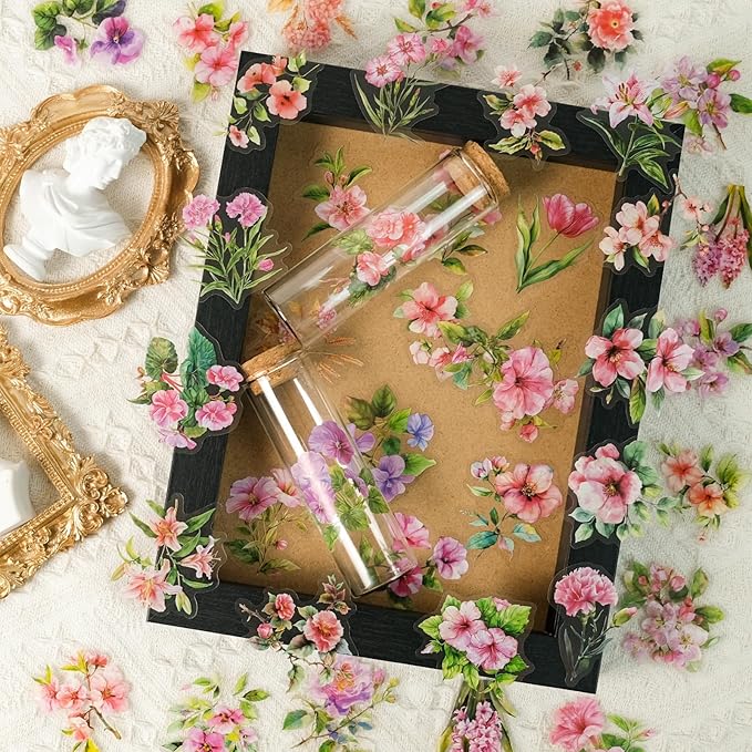 50pcs Pink Flower Stickers for Scrapbooking - Waterproof Clear Floral Botanical Sticker for Journaling, Crafts, Art Projects, Glass Potion Bottles