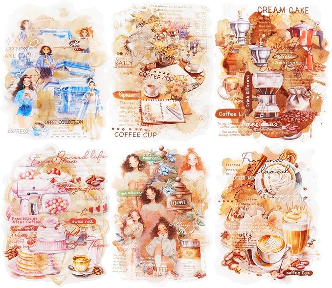 Coffee Aesthetic PET Stickers, 60 Pcs Large Collage Ephemera for Scrapbooking, Journaling, DIY Crafting, and Art Supplies